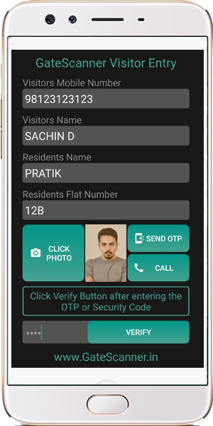 app clicks visitors photo and validates mobile number through OTP